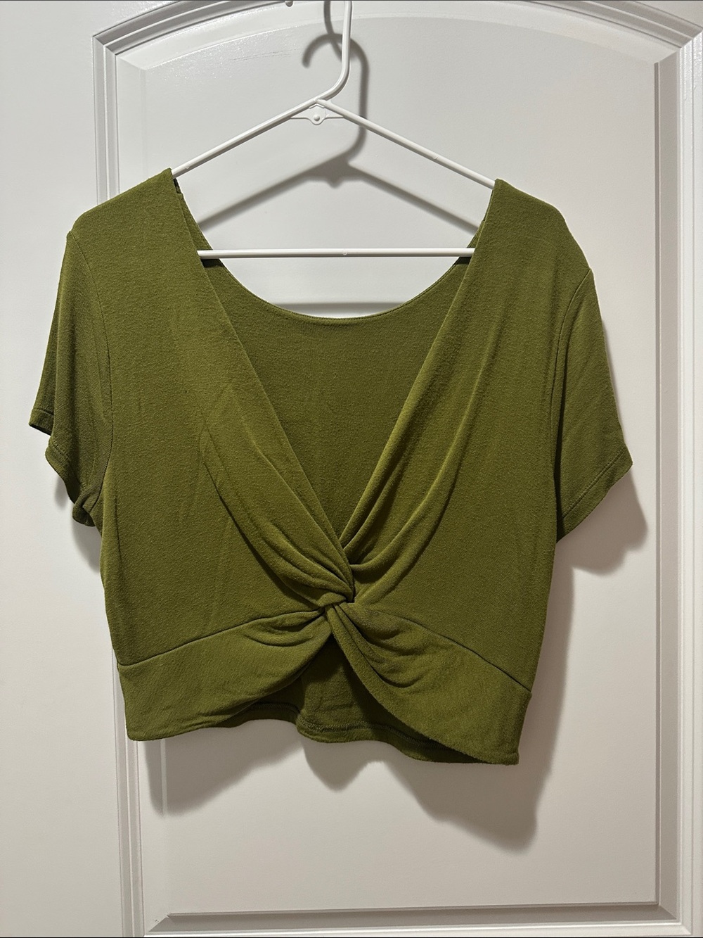Olive Tie-Front Short Sleeve Crop Top - Unbranded